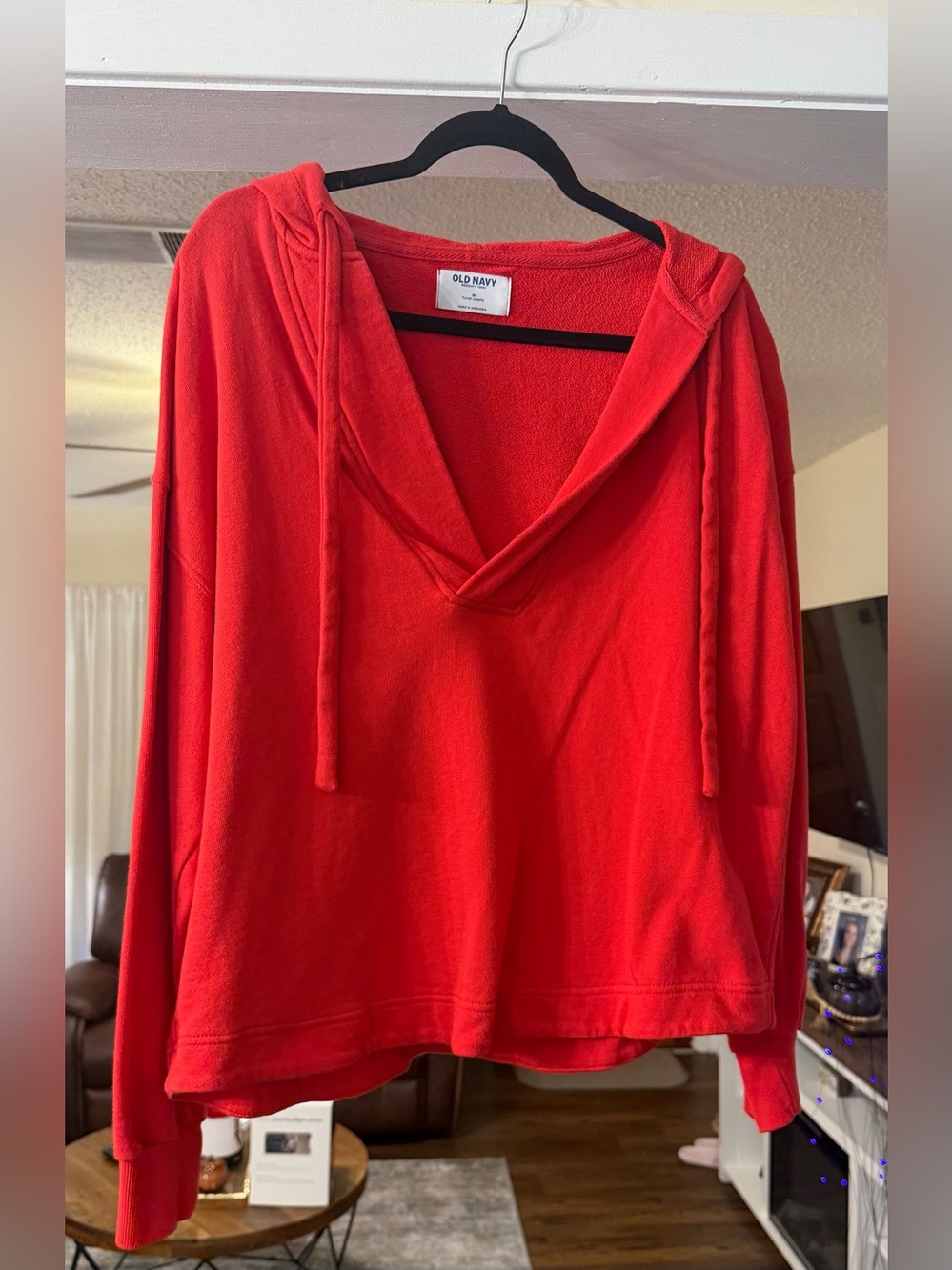 Old Navy Bright Red V-Neck Hoodie Sweatshirt